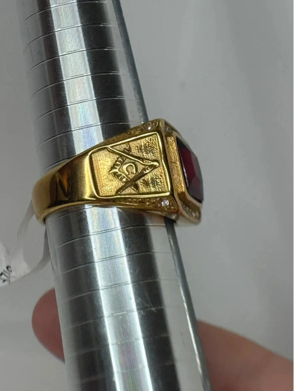 gold tone red CZ statement ring clear accents size 13